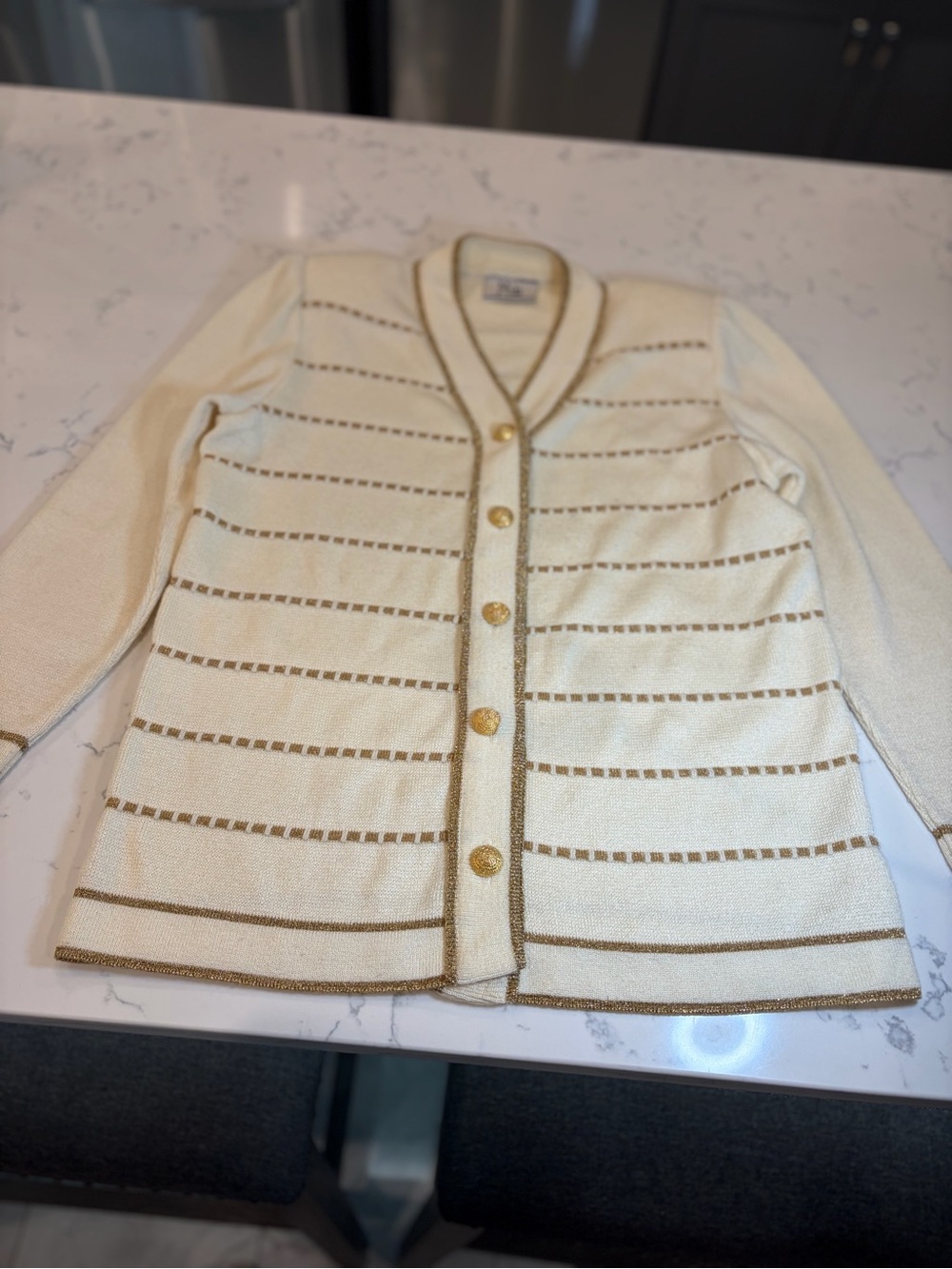Cream Knit Button-Front Cardigan with Gold Trim